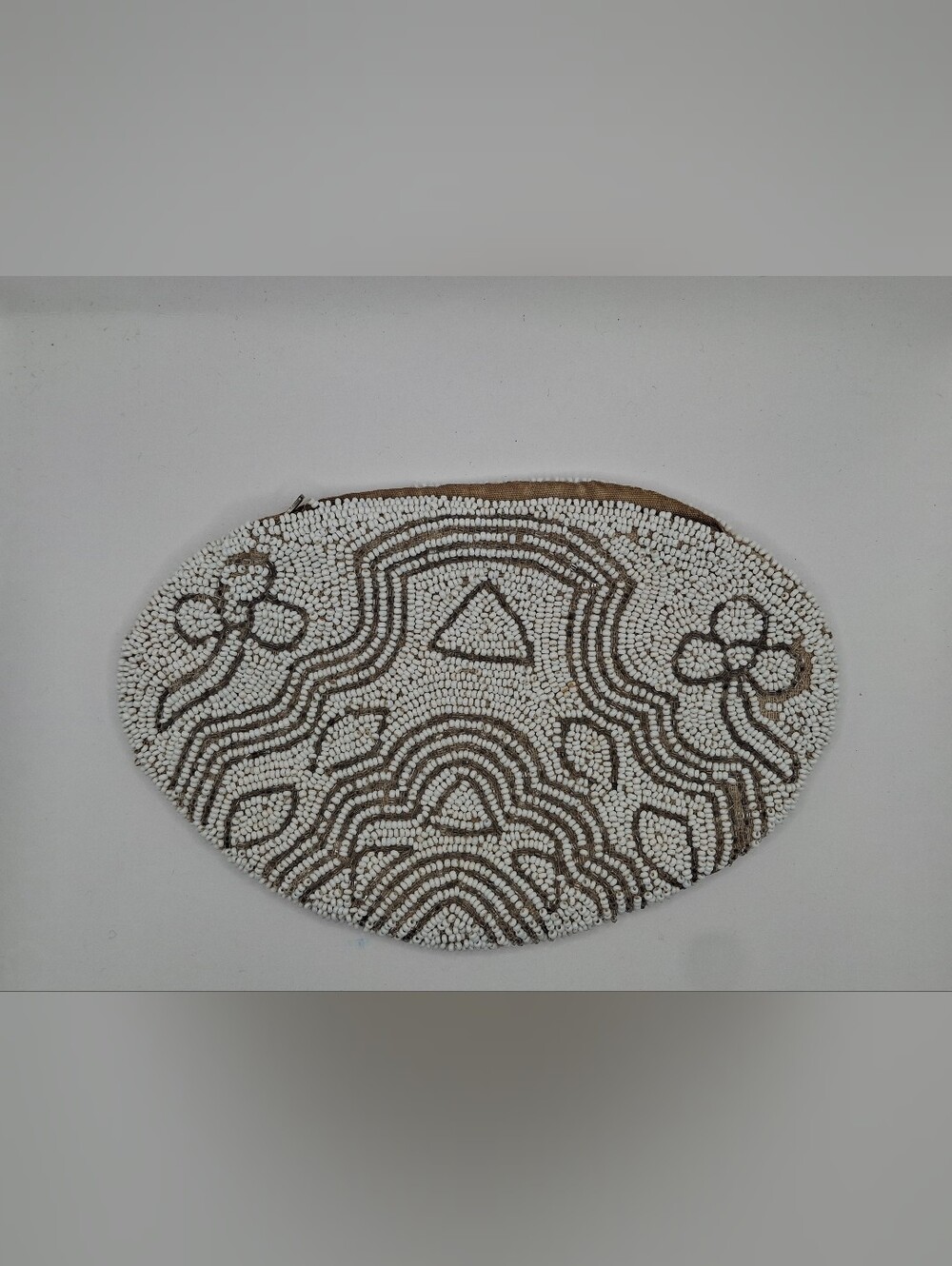 Vintage White and Brown Beaded Oval Clutch